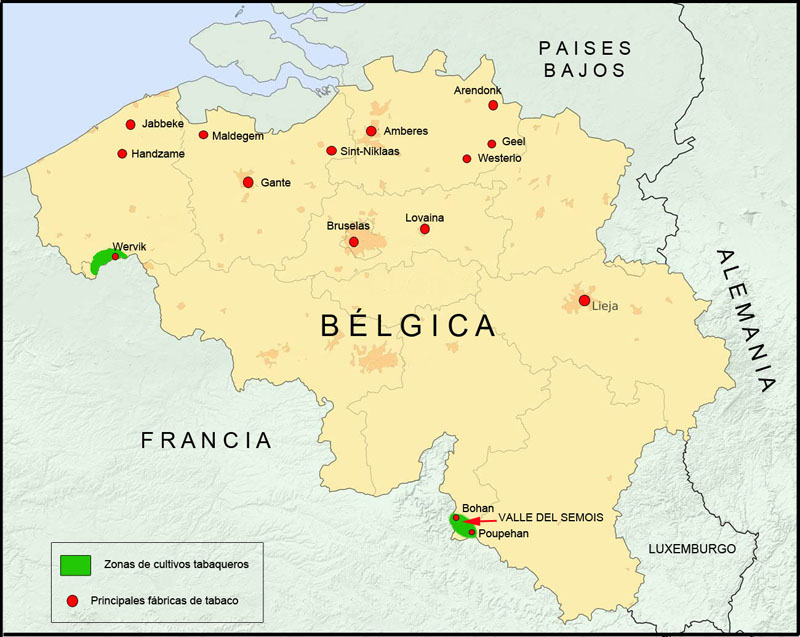 Mapa tabaquero de Bélgica